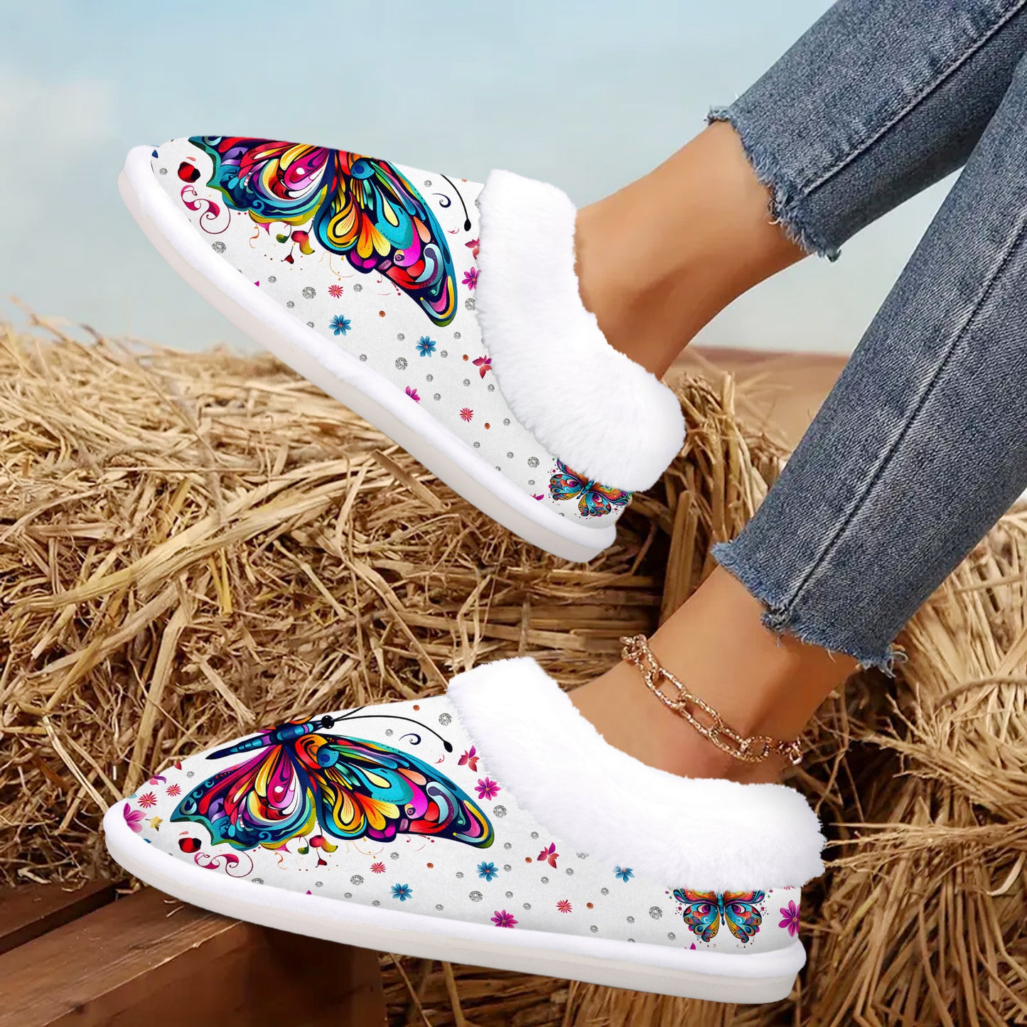 Women's Plush Butterfly Print Slip-On Slippers with Non-Slip Rubber Sole - Cozy Plush Indoor/Outdoor House Shoes, Winter Warm & Butterfly Wing Design (Pink/Blue/Purple/Green/Yellow) - Butterfly-Themed Gift for Grandma, Mom,