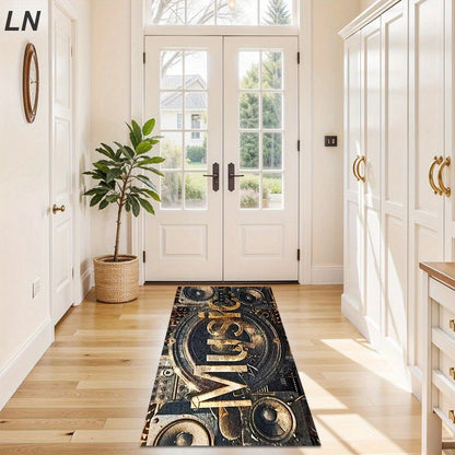 Stylish Music Decor - Music-Themed DJ-Inspired - Large Rectangular Mat with Sound Wave & Speaker Design - Heavyweight 850gsm Mat - 5mm Thick Non-Slip Backing - Machine Washable - Black & Golden Music Note Floor Mat - For Livi