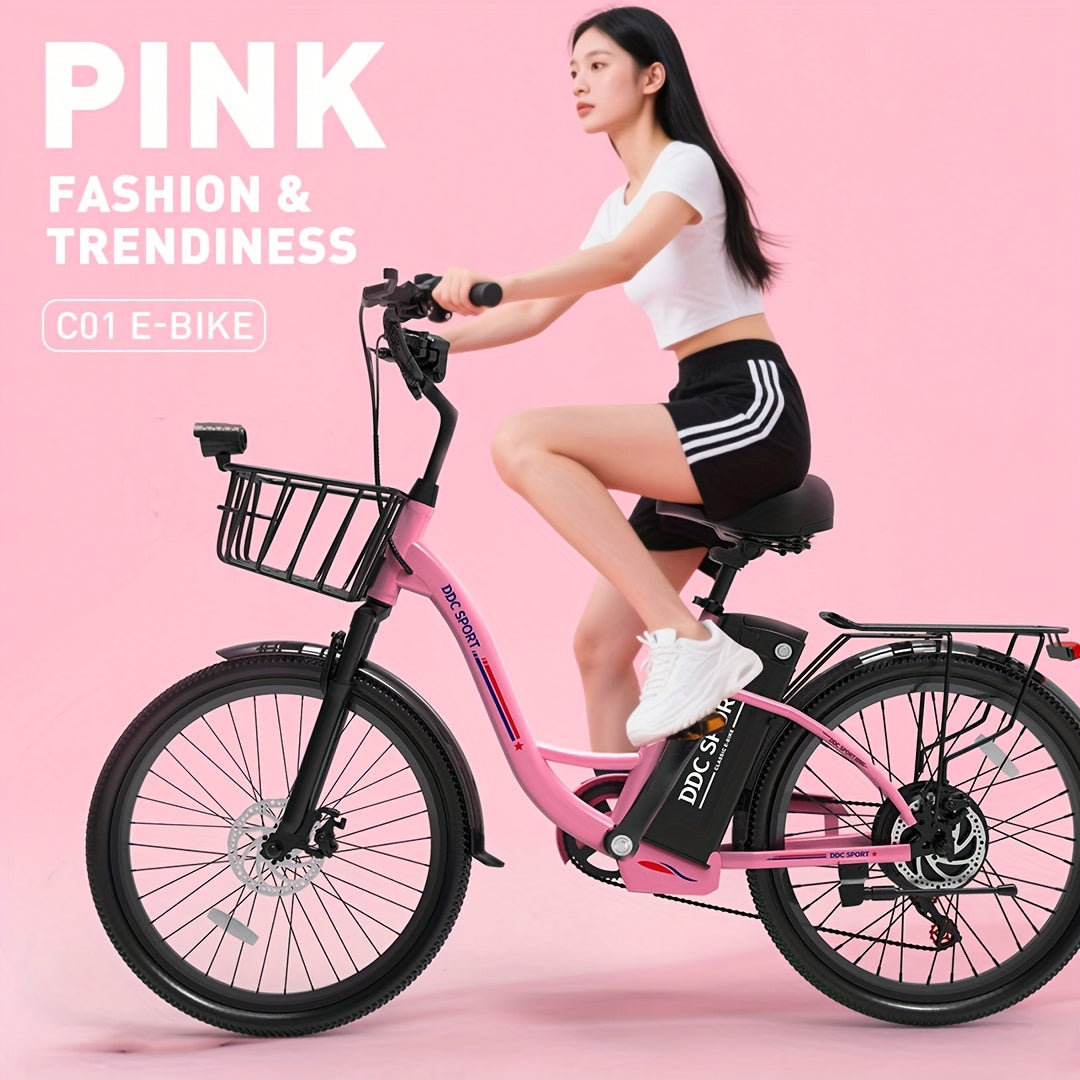 Sakura Pink Electric Bike for Adults, 500W Motor 7-Speed Commuter Ebike with 36V/10.4Ah Removable Battery, 20 MPH & 25-40 Miles Range, 24 Inch Electric Bike, Beach Cruiser Ebike for Women, Students & Commuters, Electric Bike
