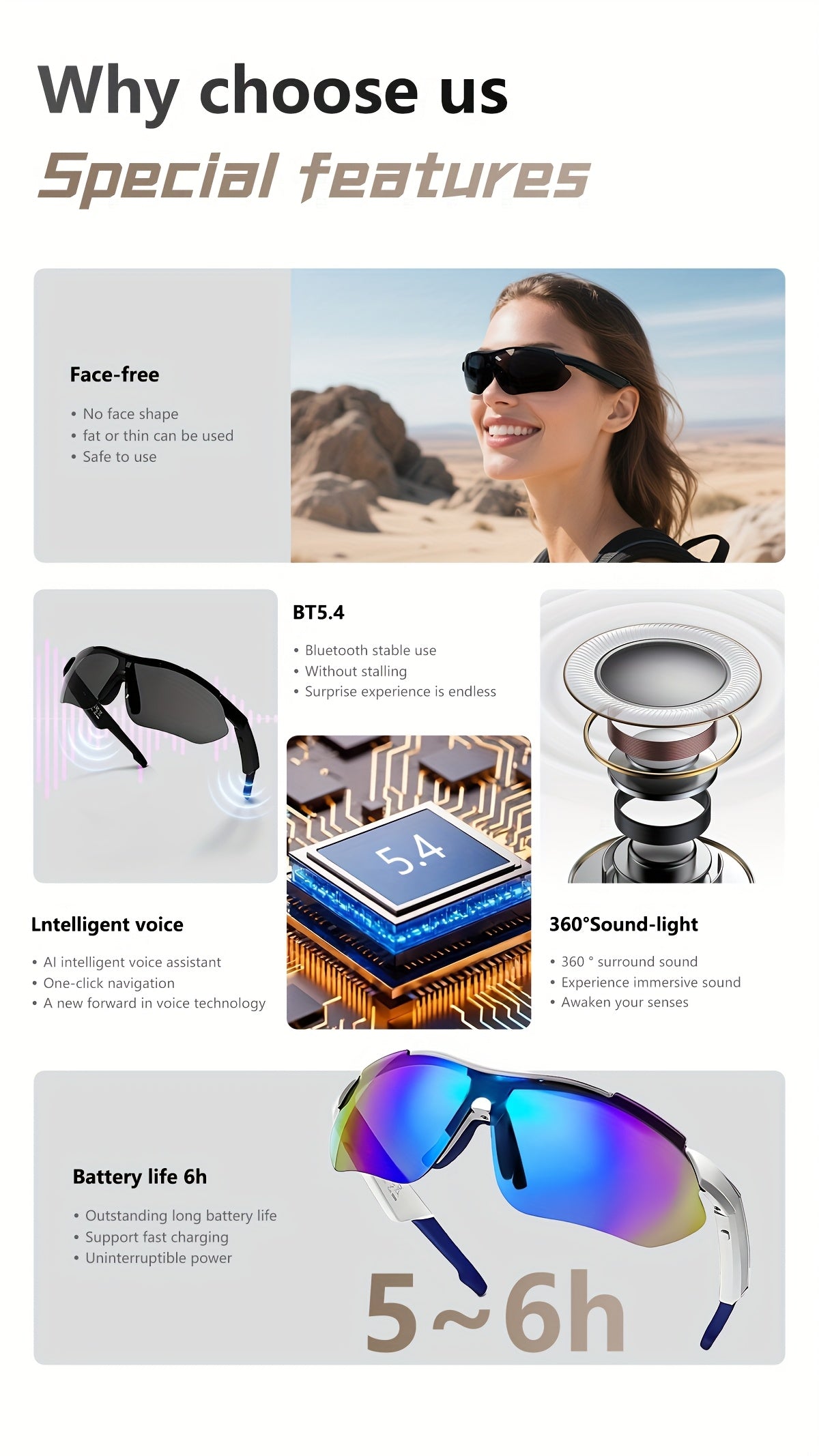Wireless AI Smart Glasses with Polarized/Blue Light Filter & Built-in Mic/Speaker - Hands-Free Calling, 100+ Language Translation, Wireless Smart Glasses for Men & Women, Lightweight Comfort Fit, Music Playback, Ideal Gift fo