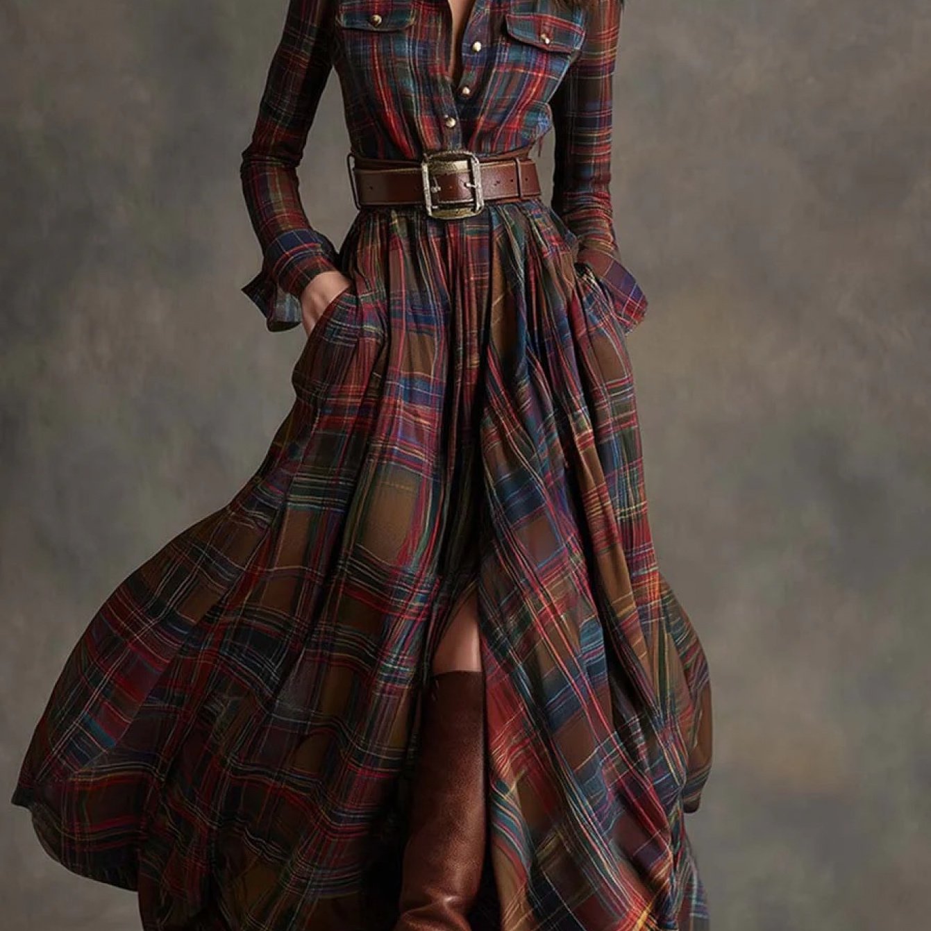 Women'S Autumn-Winter French Retro Elegant Literary Plaid Lapel Maxi Dress | Long Sleeve, Button Details, Vintage Style