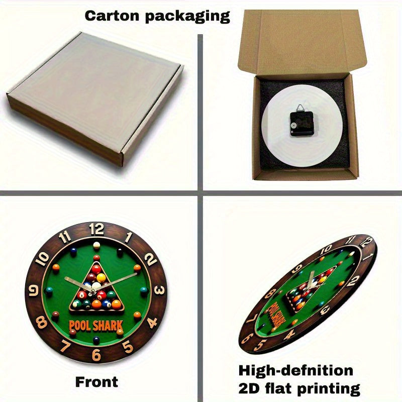 1pc Pool Shark Billiards-Themed Wall Clock - Silent Non-Ticking Quartz Movement, Modern Pool Table Decor with Green Background - Acrylic Game Room, Home, or Office Decoration - Battery-Powered (AA Not Included) - Perfect Gift