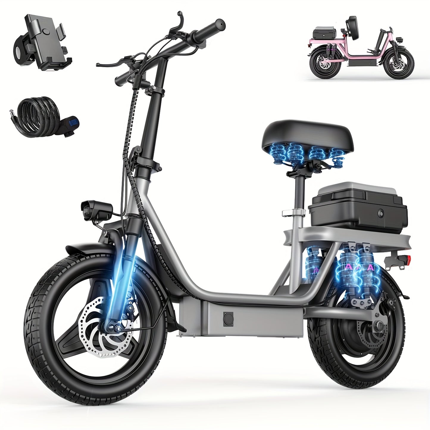 Peak Power 740W Adult Electric Scooter with Seat, 48V10/15AH Lithium Battery, 10 Shock Absorption, 14-Inch Tubeless Protective Tires, Dual Disc Brakes