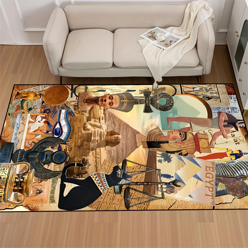 1pc Non-Slip High Quality Machine Washable Mat - Egyptian-Themed Polyester Mat with Hieroglyphics & Pharaohs Design, Large Area Mat for Indoor/Outdoor Use in Entryway, Living Room, Bedroom, Patio, Garden - Home Decor, Washabl