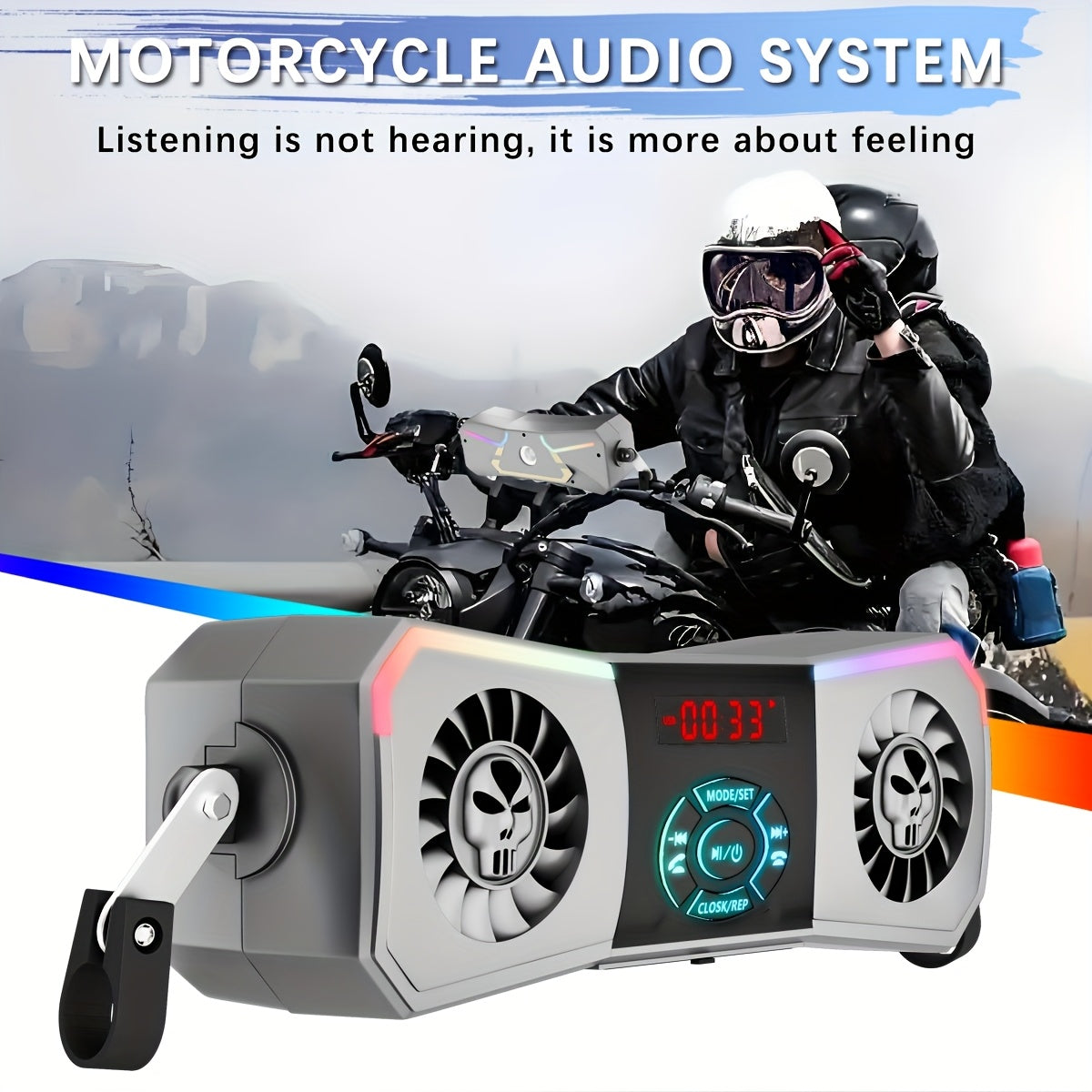 Handlebar Mounted Wireless Motorcycle Speakers | Audio System with USB, FM Radio, Volume Control | Includes Free Extension Cord