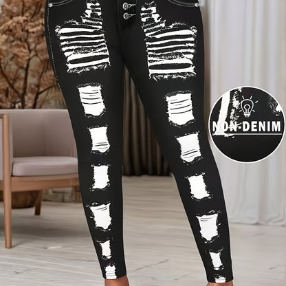 [Printed Pants - Not Denim Fabric] Printed Legging - Not Denim Fabric - Christmas Plus Size Women's Digital Print Denim-Look Leggings, Stretch Polyester, All-Season Casual Slim-Fit Pants, Regular Fit, Adult Sizes, Machine Was