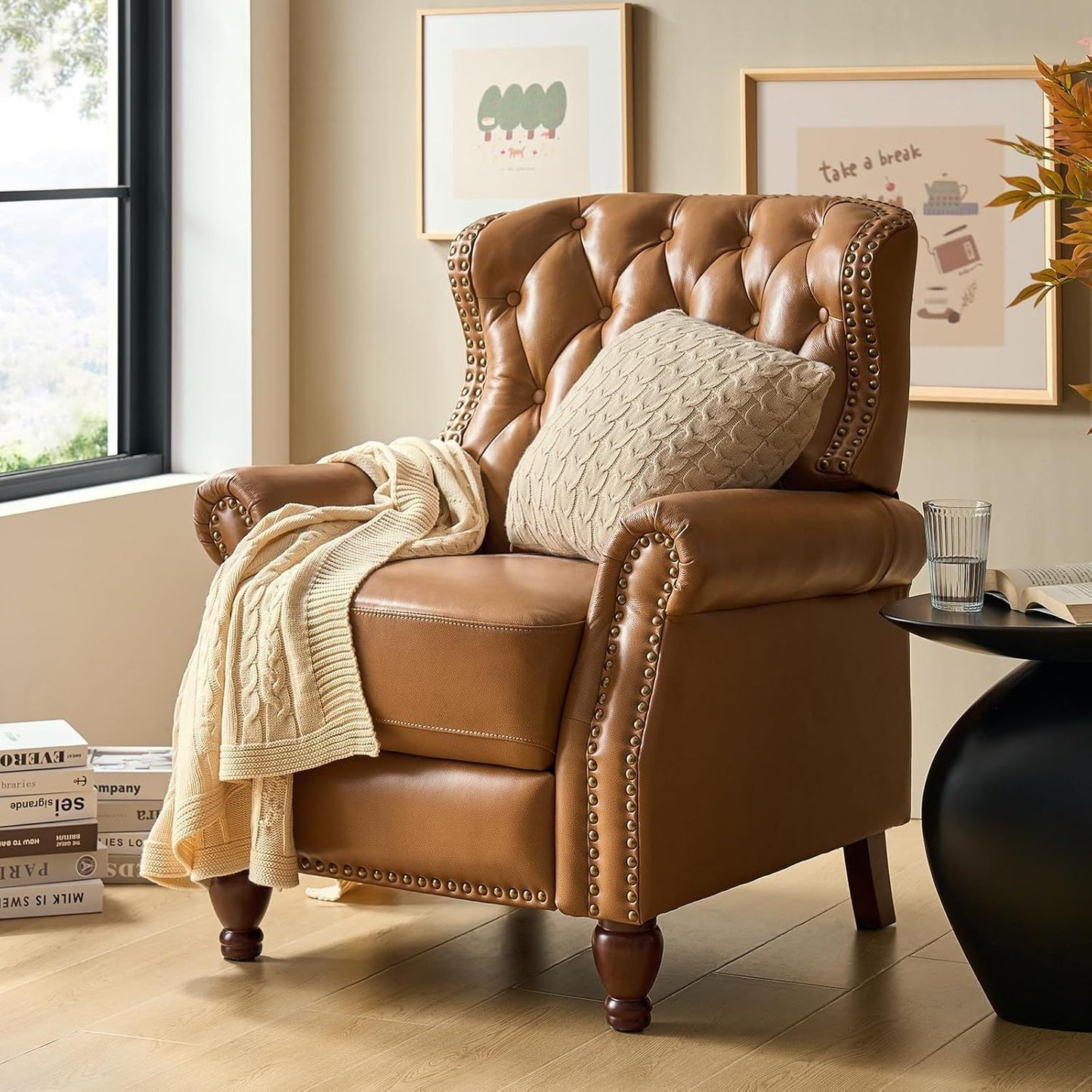 Genuine Leather Recliner Chair - Manual Push Back Recliner Sofa w/ Solid Hardwood Legs, Brown Luxury Living Room Armchair, Easy Assembly Non-Electric Recliner for Home Theater & Reading Nook - Durable Leather Upholstery, Soph