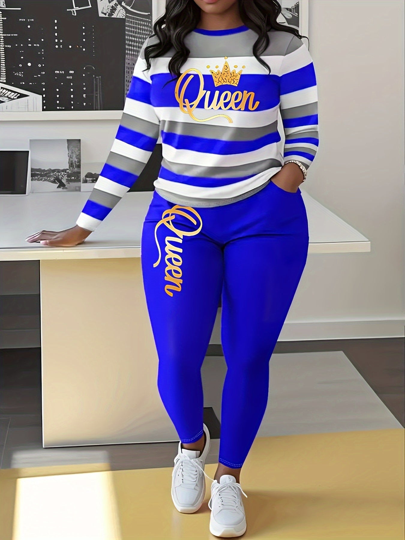 Women's Striped Long Sleeve Pants Set, Queen Letter Print, Pants with Pockets