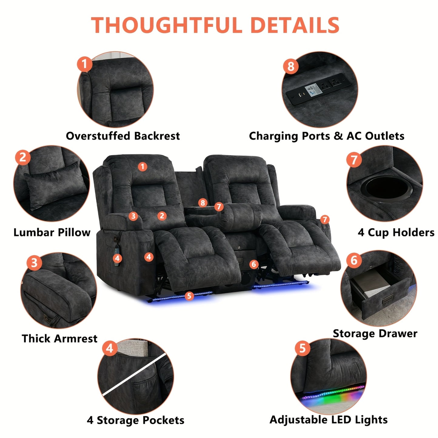 Power Loveseat Recliner Sofa, Home Theater Seating RV Couch with Massage and Heat, Flipped Backrest Console, LED Light, USB Outlets, Velvet
