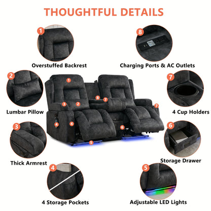 Power Loveseat Recliner Sofa, Home Theater Seating RV Couch with Massage and Heat, Flipped Backrest Console, LED Light, USB Outlets, Velvet