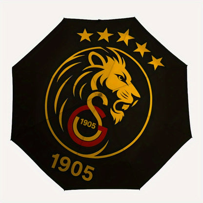 Galatasaray 3D Printed Lion Emblem Automatic Umbrella - Durable 8-Rib Iron Frame, Foldable & Portable for Men & Women, Black with Golden Accents, Perfect for Business, Daily Use & Outdoor Activities, Outdoor Umbrella, Busines