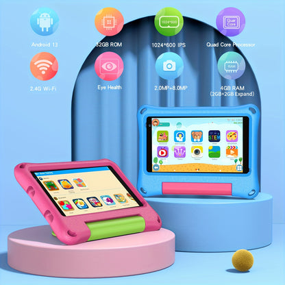 Portable 7-Inch Android 13 Kids Tablet with 32GB Storage And 4GB RAM (Expandable by 2GB), Featuring Wifi, Educational Content, Parental Controls, a Silicone Sleeve, a Quad-Core Processor, And an HD IPS Display, New for 2025,