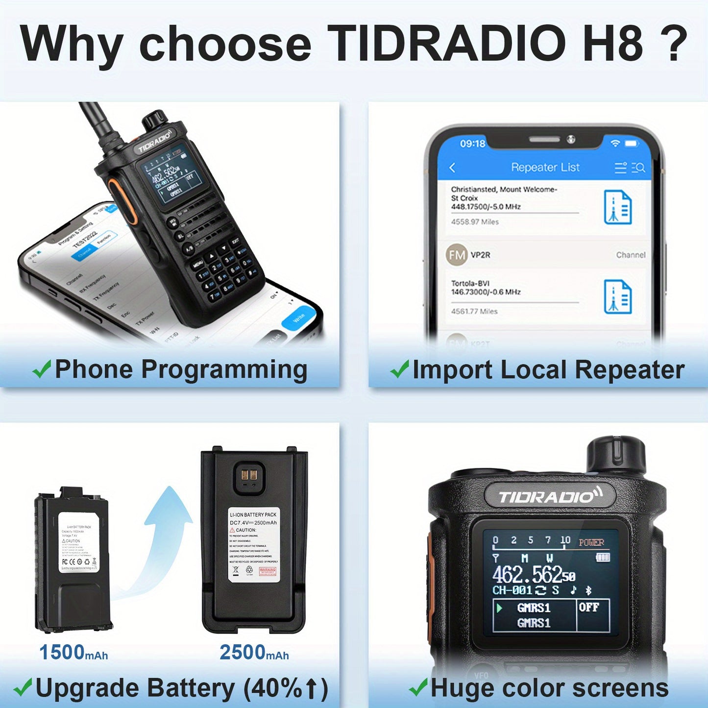 TIDRADIO H8 10Watt Long Range Walkie Talkies - Portable, UHF Two Way Radio with Flashlight for Adults & Outdoor Enthusiasts