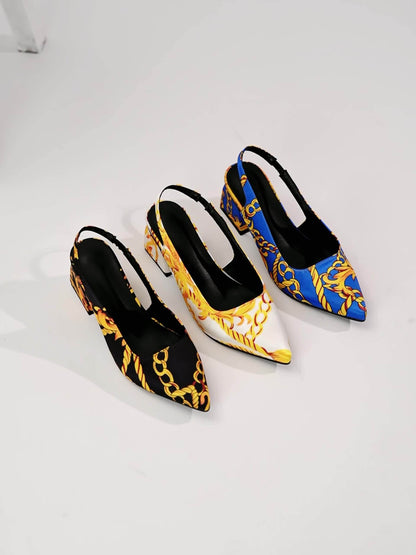 Women's Luxury Golden Chain & Greek Key Print High-Heeled Sandals - Thick Block Heels, Pointed Toe, Black & Golden s with T-Bar Strap & Buckle Closure, Comfortable Sole for Parties, Weddings, - Euro-American Style Elegant