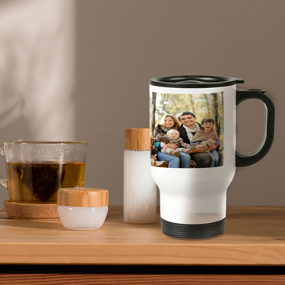 Personalized 14oz Stainless Steel Insulated Travel Mug with Custom Photo/Text - Double-Wall Vacuum Coffee Cup, Spill-Proof Lid & Ergonomic Handle, Car Cup Holder Compatible, Ideal Gift for Friends, Family, Colleagues, Couples