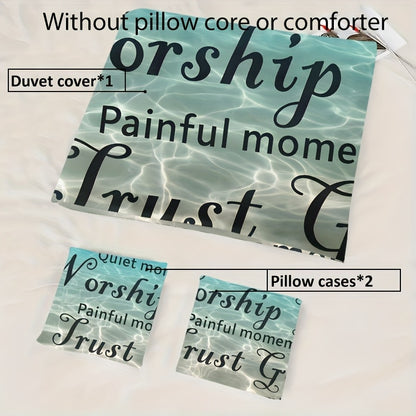 Blue-Green Gradient Duvet Cover Set with Inspirational Christian Quotes - Soft Polyester, Machine Washable, Includes 1 Duvet Cover & 2 Pillowcases, All-Season Gift for Home Use, Perfect for Family and Friends, Machine Washabl