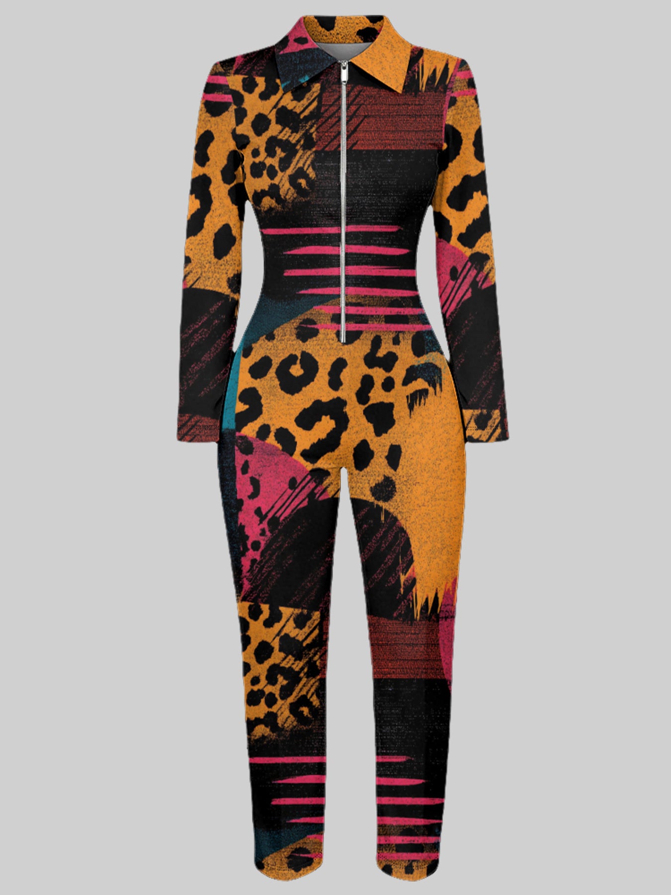Ladies' Four-season Long-sleeved Sexy Jumpsuit, Front Zipper Design, Light Style, Fashionable Full-print, Perfect for Daily Outings and Casual Wear, Fashionable and Sexy Outfit
