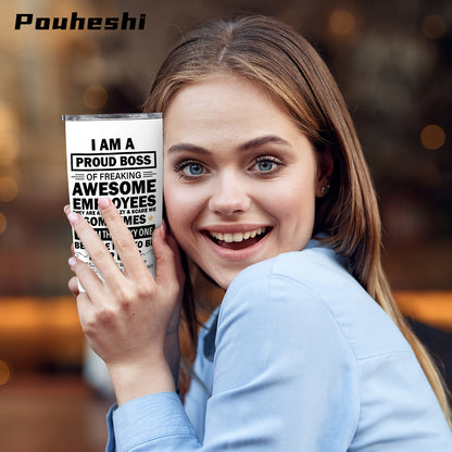 1pc POUHESHI 20oz Stainless Steel Tumbler with "I AM A Proud Boss" Humorous Design - Shatterproof, Reusable, Ideal for Office or Outdoor Use, Perfect Gift for Bosses, Campers, and Holidays, Office Drinkware | Humorous Tumbler