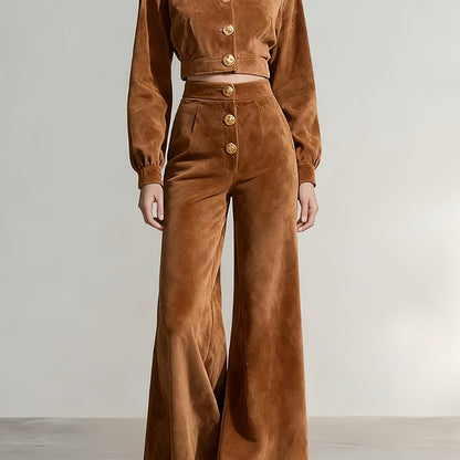 Two-Piece Ensemble: A Cropped Top in Caramel-Hued Corduroy with Metal Buttons Paired with Bell-Bottom Trousers | A Retro-Modern Design for Women, Ideal for Daily Wear, Social Gatherings, And Autumn/Winter Attire
