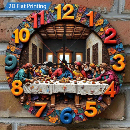 1 Piece Christmas Decoration Wooden Wall Clock, 2D The Last Supper Design - Large Round Silent, Religious, Leonardo da Vinci Inspired The Last Supper Art, Suitable for Home, Church, Office Decoration - Unique Gift for Christi