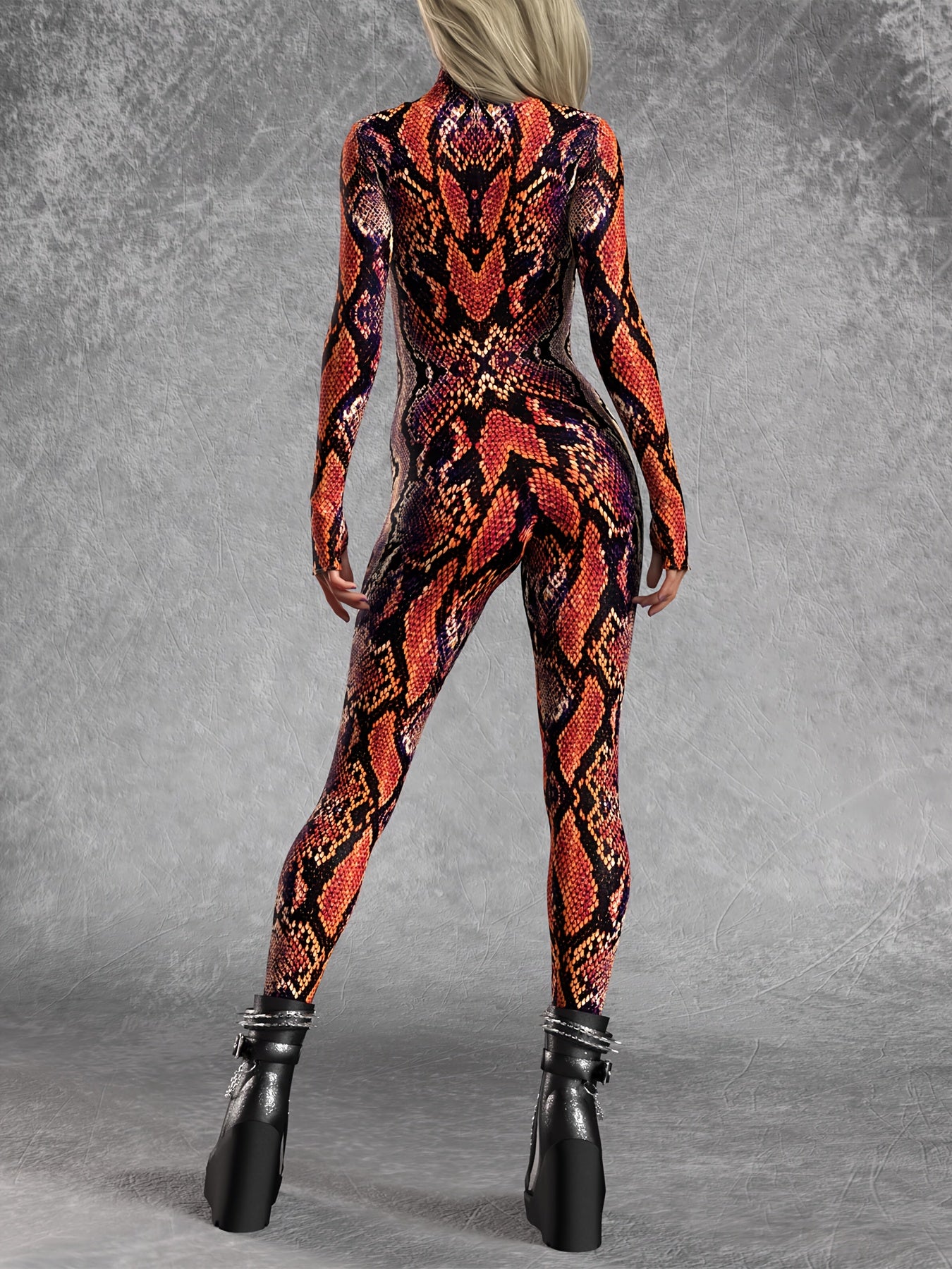 Women's Full-Length Snake Onesie Jumpsuit - Skinny Fit Turtleneck Long Sleeve with Front Zipper Closure, Brown/Black/Golden/Red Realistic Snake Scale Texture, Machine Washable Elastic Costume for Parties, Music Festivals & Wi