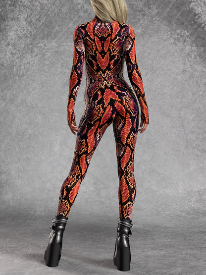 Women's Full-Length Snake Onesie Jumpsuit - Skinny Fit Turtleneck Long Sleeve with Front Zipper Closure, Brown/Black/Golden/Red Realistic Snake Scale Texture, Machine Washable Elastic Costume for Parties, Music Festivals & Wi