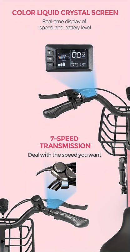 Sakura Pink Electric Bike for Adults, 500W Motor 7-Speed Commuter Ebike with 36V/10.4Ah Removable Battery, 20 MPH & 25-40 Miles Range, 24 Inch Electric Bike, Beach Cruiser Ebike for Women, Students & Commuters, Electric Bike