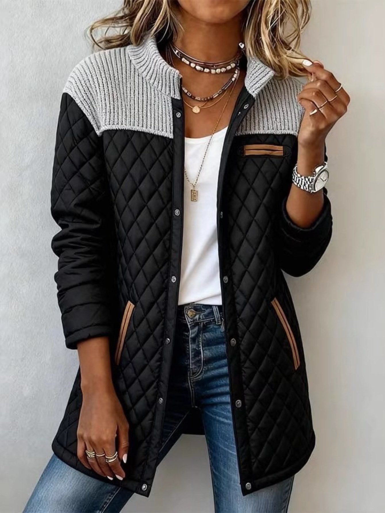 HERTALK Women's Patchwork Round-neck Long-sleeved Pocket Loose Diamond American-style Jacket