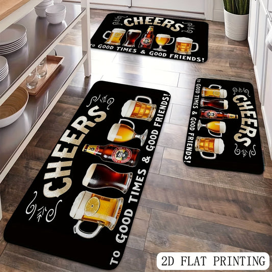 1pc Cheers Beer Bar Door Mat - Non-Slip Backing Indoor/Outdoor Mat with Vintage Beer Mug Design - Black Background - Durable Polyester Floor Mat for Kitchen, Living Room, Bar Decor - Housewarming Gift for Beer Lovers, Beer Gi