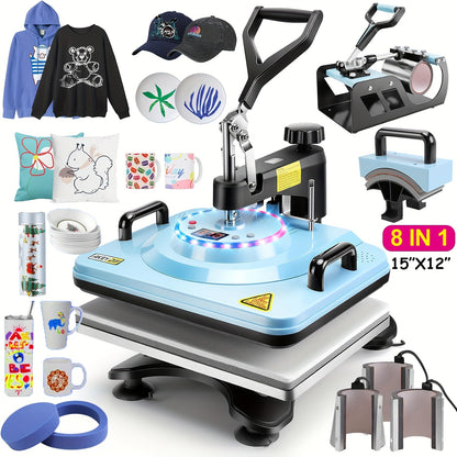 This Is a Versatile Heat Press Machine Combo Featuring an 8 in 1 And 5 in 1 Design, with Dimensions of 15"X15" And 15"X12". It Has a Rotatable Design And Is Suitable for Transferring Images Onto Various Items Such As T-Shirts
