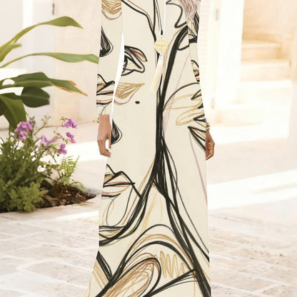 Plus Size, Women's Elegant Cream Maxi Dress Long Sleeve Abstract Line Art Print Evening Gown - Fitted Party Wedding Guest Dress, Machine Washable Year-Round Formal Attire with Round Neckline & Smooth Silhouette