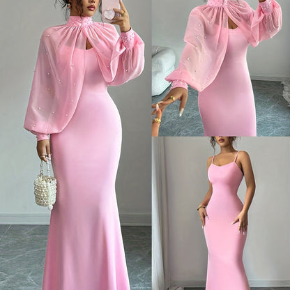 WY251221079 Elenzga New Elegant Mature Charm Evening Gown, Graceful and Gentle, Dreamy Pink, Hand-beaded Long Sleeve Top, Elegant Mermaid Fit Strapless Dress Set, Spring/Summer Women's Wear