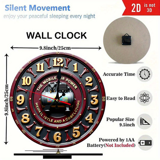 10 Inch Industrial Air Compressor Dial Wall Clock - Vintage Industrial Style Silent Non-Ticking Battery Operated Round Clock with Air Compressor Gauge Face, Large Black Hands & Golden Numbers for, Workshop, Office, Cafe (Wood