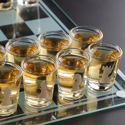32pcs Chess-Themed Shot Glass Drinking Game Set - Acrylic Chess Board Glasses for Adults, Durable Bar Party Supplies with Storage Case, Family Game Night & Strategy Board Game Accessories
