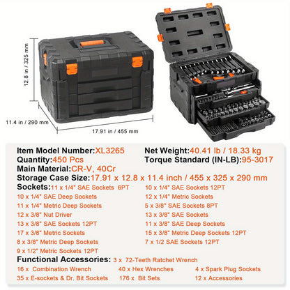 Happybuy Mechanics Tool Set and Socket Set, 1/4"3/8" 1/2" Drive Deep and Standard Sockets, 450pcs SAE and Metric Kit with Bits, Hex Wrenches, Combo Wrench, Accessories, Storage Case