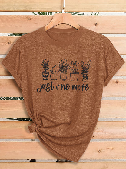 Women'S Green Plant Print T-Shirt with "Just One More" Slogan & Cactus/Succulent Design - Breathable Round Neck Casual Streetwear Top for Gym, Casual Attire, All-Season Comfort - Funny Botanical Graphic Tee for Plant Lovers,