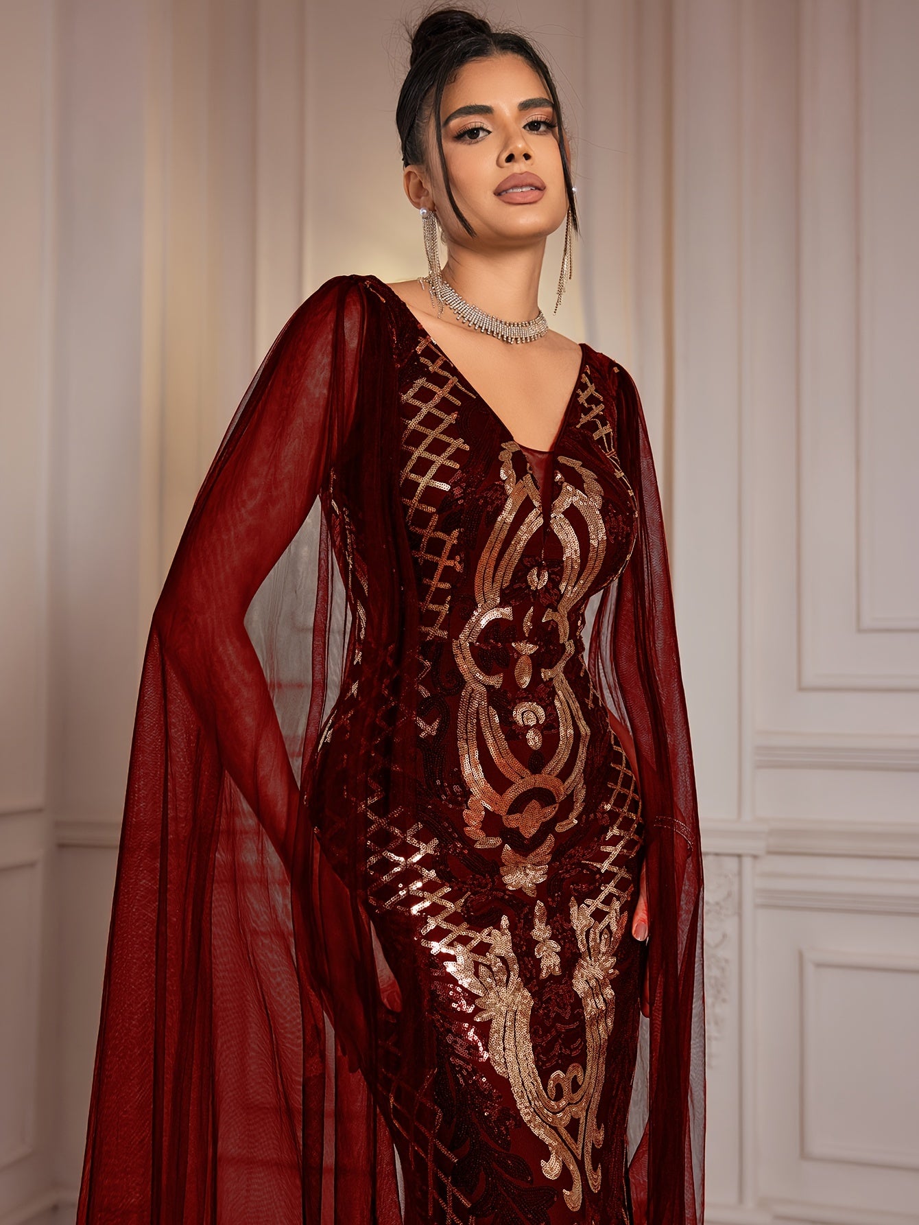Fitted Dress - Sequin - V-Neck