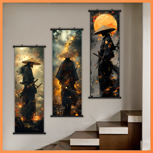 Room Decor - 3pc Hanging Scroll Painting Set, Japanese Samurai And Flame Canvas Poster, HD Ink Art Print Painting, Waterproof, Odorless - For Home & Office Decoration - Perfect Gift for Art Lovers