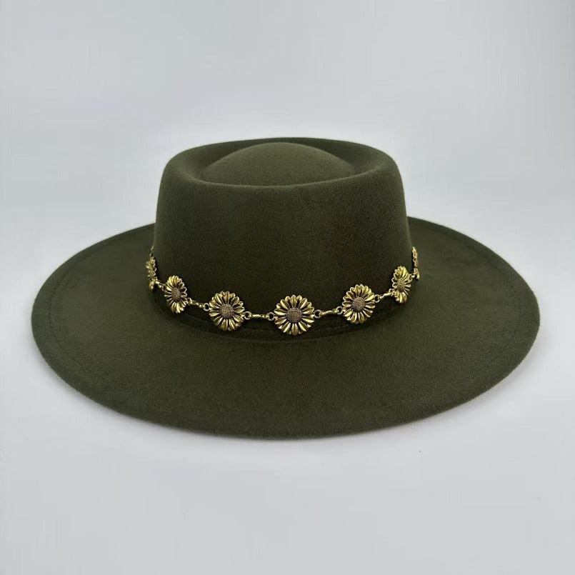 1pc Bohemian-style Unique and Fashionable Felt Hat - Decorated with Exquisite Golden Flower Chain Fedora Hat - Suitable for Daily Street Style, Music Festival Outfits, Bohemian-inspired Looks, Casual Outings and Trendy Season