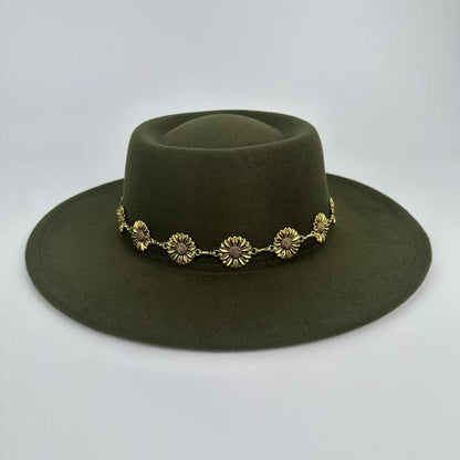 1pc Bohemian-style Unique and Fashionable Felt Hat - Decorated with Exquisite Golden Flower Chain Fedora Hat - Suitable for Daily Street Style, Music Festival Outfits, Bohemian-inspired Looks, Casual Outings and Trendy Season