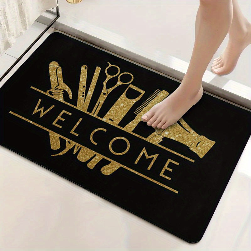 1pc Salon Barber Shop Mat - Anti-Slip Bathroom with Golden Hair Tools Design (Scissors, Comb, Boots), Extra Large Non-Slip Door Mat for Salon, Bathroom, Entryway - Machine Washable Heavy-Duty Rubber Base - Ideal Gift for Hair