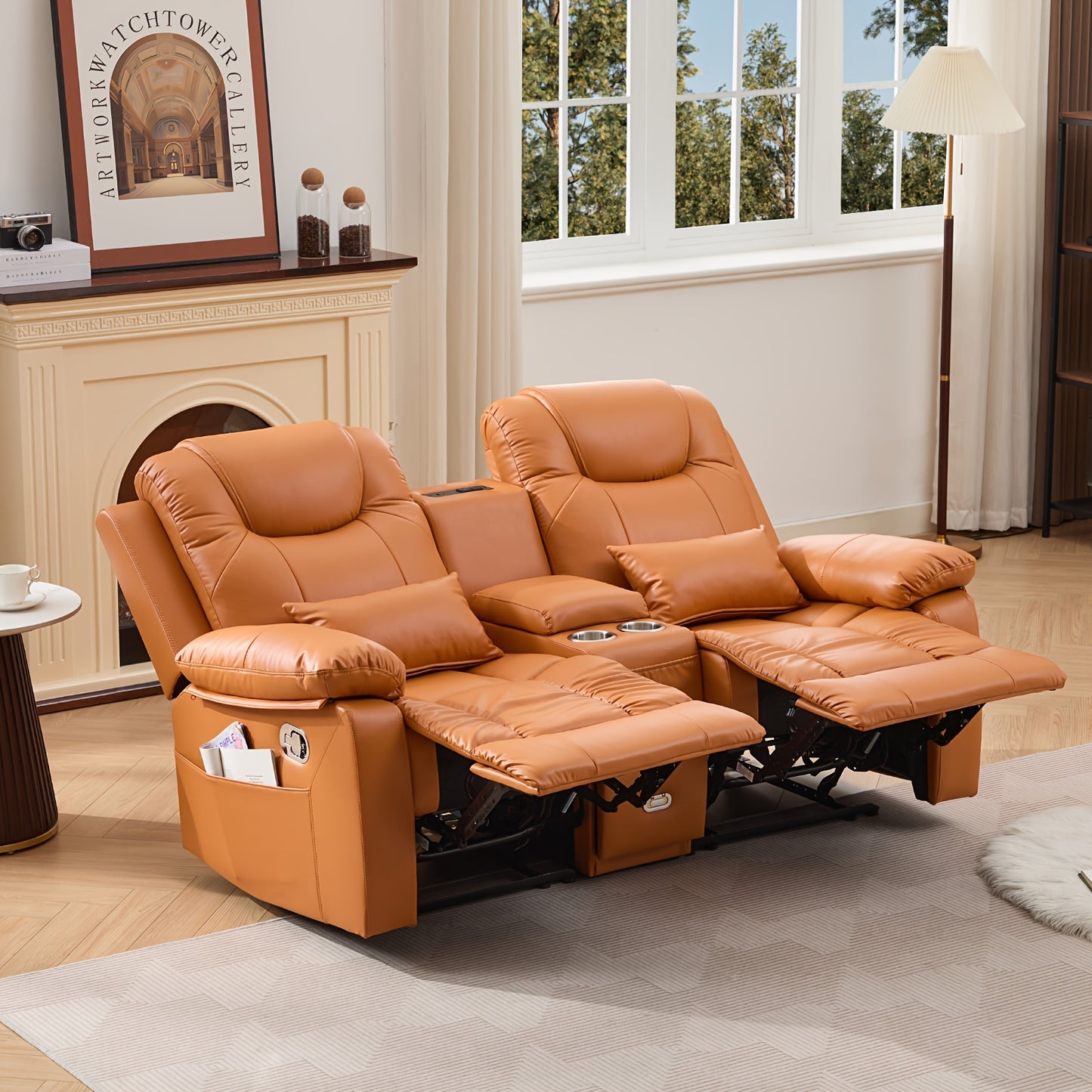 63" Brown Faux Leather Recliner Sofa with Console, Cup Holders, Lumbar Pillow & Storage Pocket - Contemporary Metal Frame Office Chair for Home or Office Use