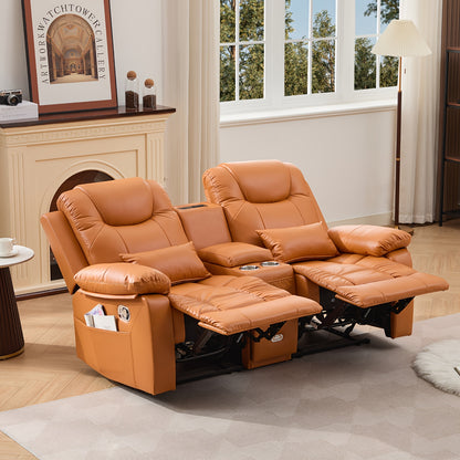 63" Brown Faux Leather Recliner Sofa with Console, Cup Holders, Lumbar Pillow & Storage Pocket - Contemporary Metal Frame Office Chair for Home or Office Use