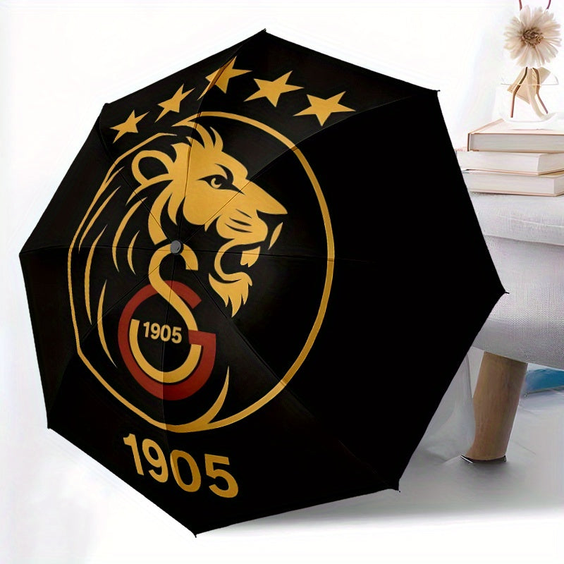 Galatasaray 3D Printed Lion Emblem Automatic Umbrella - Durable 8-Rib Iron Frame, Foldable & Portable for Men & Women, Black with Golden Accents, Perfect for Business, Daily Use & Outdoor Activities, Outdoor Umbrella, Busines