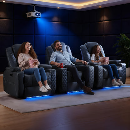 Power Recliner Sofa with Adjustable Headrest & LED Ambient Light & Hidden Storage & USB Ports for Living Room Home Theater