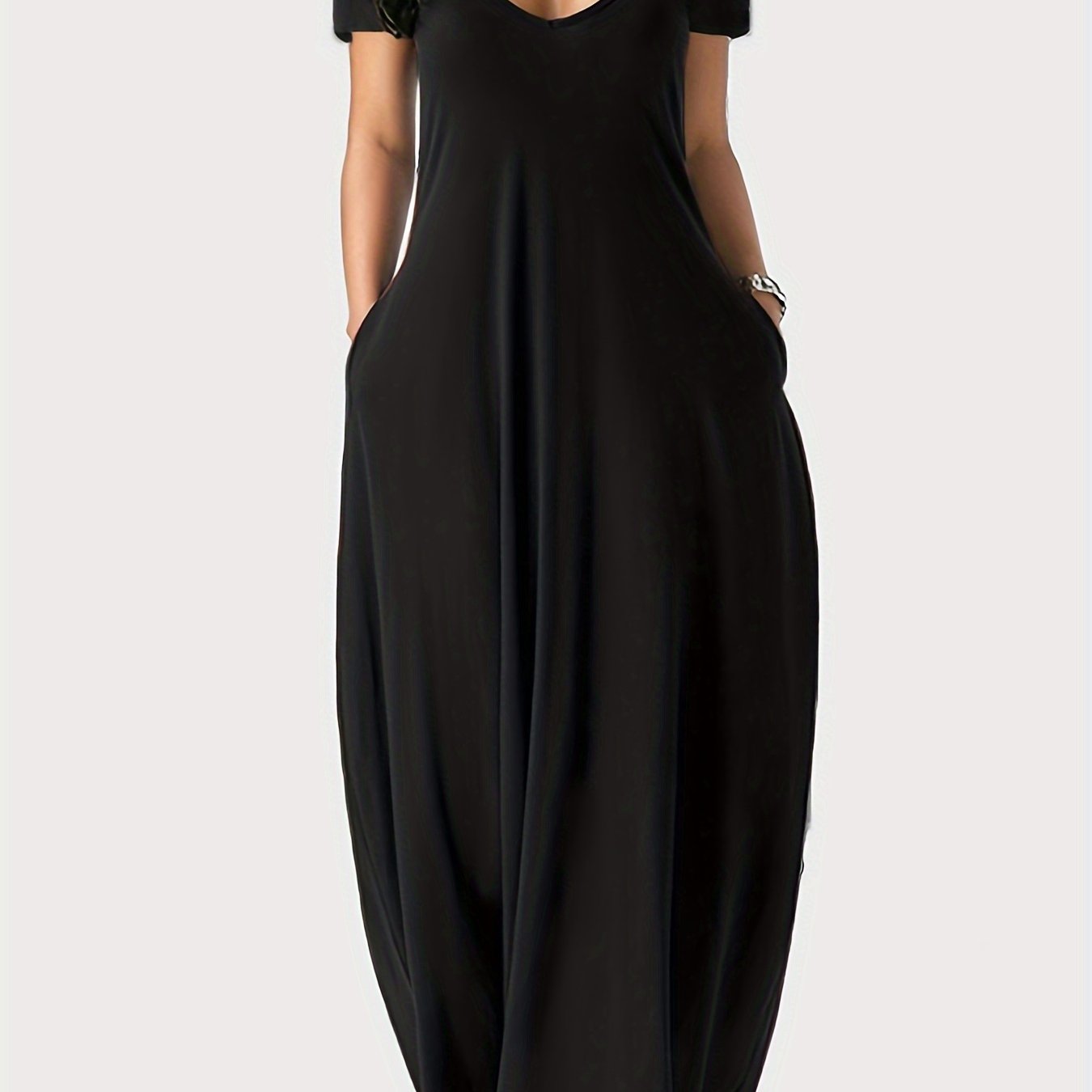 Solid Simple Dress, Casual Short Sleeve Maxi Dress With Pockets, Women's Clothing