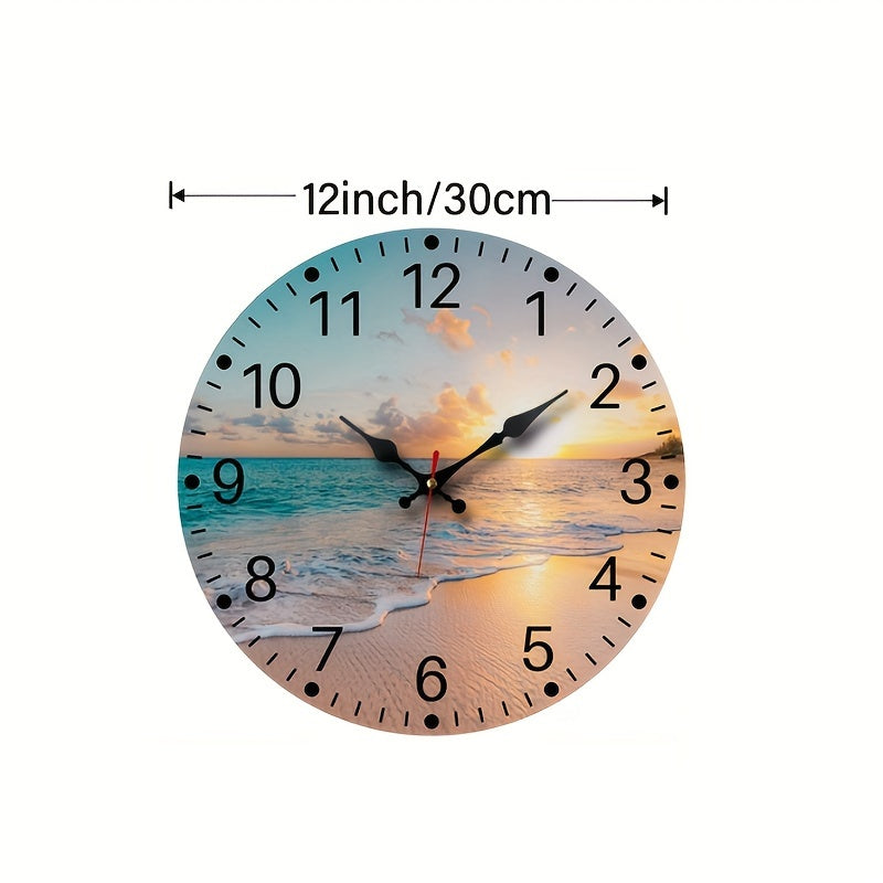 [Wooden Wall Clock] Wooden Wall Clock | Beach Sunrise Design, Silent, for Living Room Bedroom, Room Decor, Office, Christmas New Year Valentine