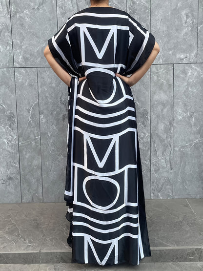 Plus Size Geometric Print Kaftan Dress - Flattering Modest Crew Neck, Comfortable Short Sleeves, Flowy Maxi Silhouette - Designed for Curvy Women, Plus Size Clothing for a Confident Fit, Party Dress|Geometric Print|Comfortabl