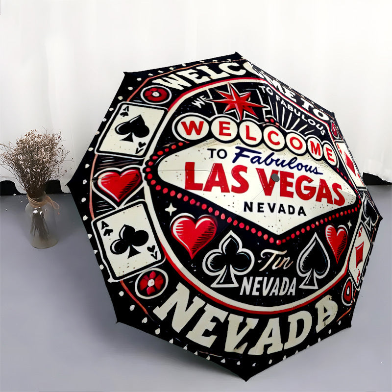 Las Vegas-Themed Open/Close Umbrella with Folding Mechanism - Heavy-Duty 8-Rib Iron Frame, All-Weather Portable Travel Umbrella with Design (Hearts, Spades, Dice, Poker) - Compact & Sturdy for Home, Travel, Outdoor - Ideal Gi