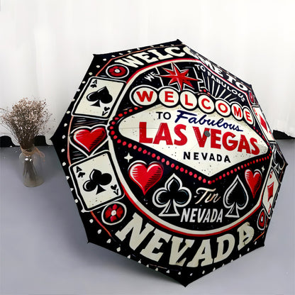 Las Vegas-Themed Open/Close Umbrella with Folding Mechanism - Heavy-Duty 8-Rib Iron Frame, All-Weather Portable Travel Umbrella with Design (Hearts, Spades, Dice, Poker) - Compact & Sturdy for Home, Travel, Outdoor - Ideal Gi